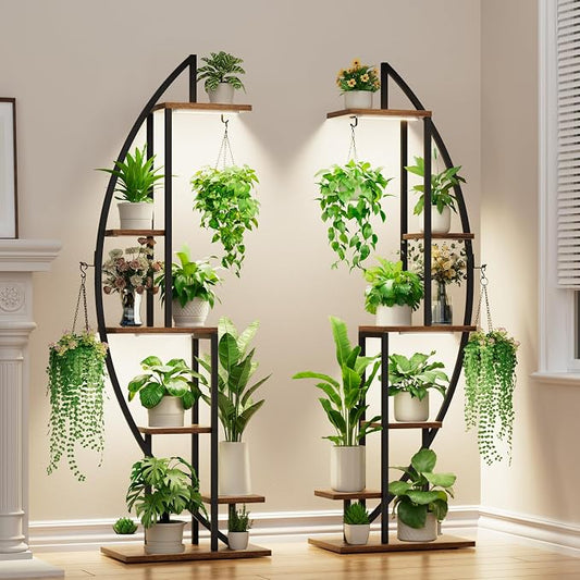 BACEKOLL Plant Stand Indoor with Grow Lights, 6 Tiered Tall Plant Shelf, 63" Metal Plant Stand for Indoor Plants Multiple, Half-Moon Plant Rack Display Shelf, 2 Pcs Plant Holder for Living Room, Patio