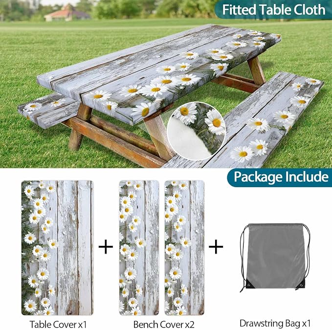 Picnic Table Cover with Bench Cover, Outdoor Patio Camping Essentials Farmhouse Daisy Wooden Table Covers with Elastic Waterproof Camping Tablecloth with Drawstring Bag, 72In 3PCS