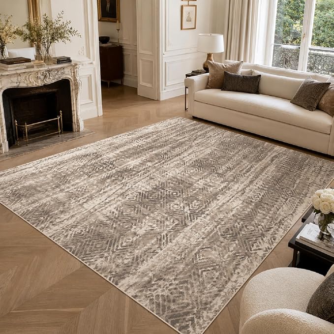 9CH Neutral Boho Area Rug 5x7, Washable Non Slip Distressed Geometric Rugs for Living Room Bedroom, Soft Low Pile Tribal Vintage Carpet