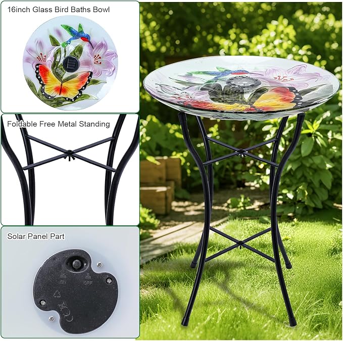 MUMTOP Glass Bird Baths for Outside, 16 Inch Width Outdoor Garden Hummingbird Butterfly Bird Bath Bowl with Solar Light and Metal Stand, Large Glass Birdbath Bird Feeder for Yard Decor, 20 Inch Height