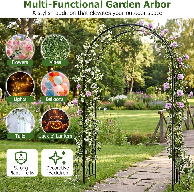 LDAILY Moccha Garden Arch Arbor Trellis, 7.2Ft Outdoor Steel Arbor with Stakes, Metal Archway for Climbing Plants, Wide Sturdy Garden Arch for Lawn, Party, Ceremony Wedding Decoration, Black