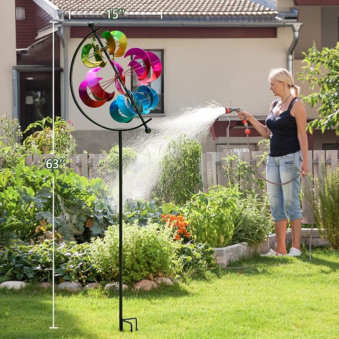 Large Metal Wind Spinner for Garden and Yard – 63 Inch Kinetic Outdoor Sculpture with Dual Direction 360° Spinning Blades – Weather Resistant Moons Yard Art Decor for Patio, Lawn, and Porch