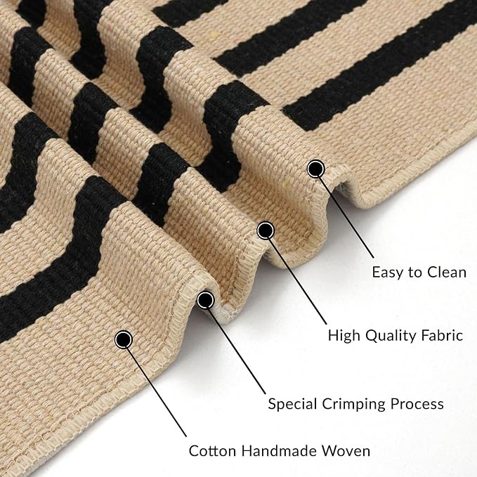 IOHOUZE Striped Area Rug 8'x10' Indoor Outdoor Rug, Washable Area Rug for Living Room, Large Patio Rug, Cotton Striped Rugs for Patio Living Room Bedroom, Tan/Black