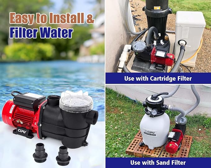 CIPU 1/3 HP Pool Pump with Filter Basket, 2400 GPH Above Ground Pool Pump with Hose Adapters, Self-Priming Pool Filter Pump Replacement for Sand Filter Systems and Frame Pools