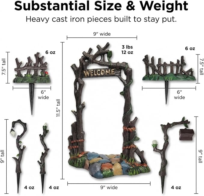 Lulu Decor, 100% Cast Iron Fairy Garden Decor Set Fairy Garden Accessories Including Fairy Lamps, Fences, and Welcome