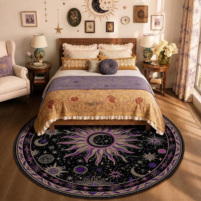 Vacuum-Friendly, Round 8ft Washable Area Rug, Black Purple Beige | Sun and Moon Boho Gothic Non-Slip Low Pile Living Roon Bedroom Dining Room Kitchen Entry Entryway Entrance Hallway Doormat