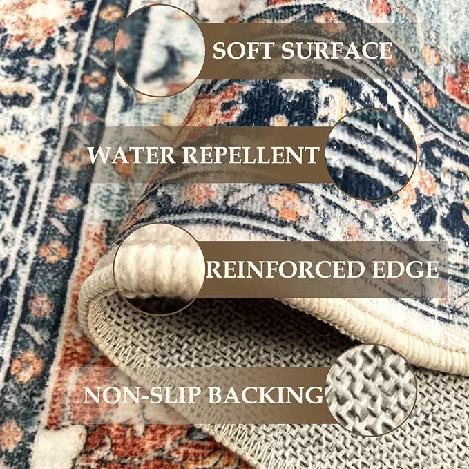 RELEANY Washable Area Rug, Small 2'x3', Beige/Blue/Orange | Non-Slip, Water Repellent, Pet Friendly, Easy to Clean, Vintage Floral Boho Decor for Kitchen Entryway Bathroom