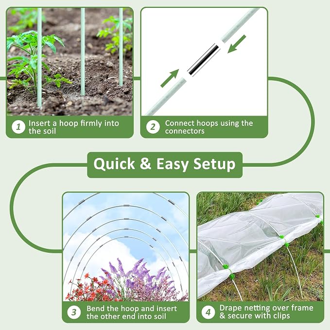 60pcs Greenhouse Hoops for Raised Beds, Fiberglass Garden Hoops Grow Tunnel | 8FT Flexible Fiberglass, Rust-Free Design, 40 Clips, Hoops for Garden Netting Row Cover and Shade Cloth, DIY Plant Support