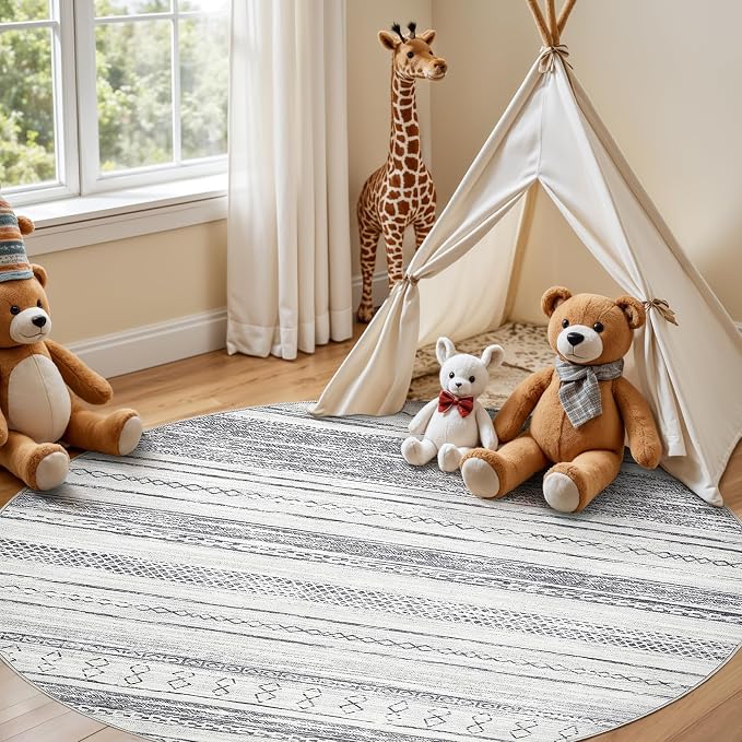 Tortania 5' Round Area Rug Living Room Rugs - Washable Large Soft Neutral Boho Moroccan Bohemian Farmhouse Rug Indoor Floor Carpet for Bedroom Under Dining Table Home Office Decor - Grey