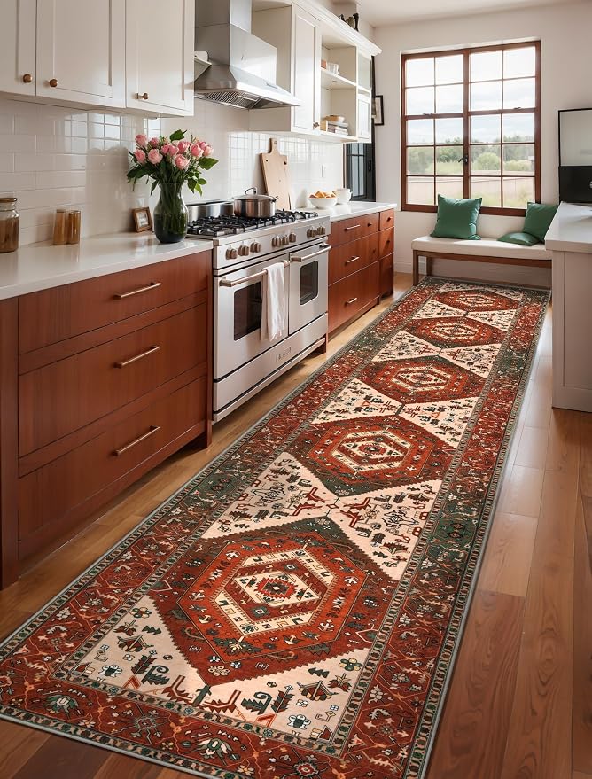 SERISSA 2'6"x14' Washable Non Slip Boho Runner Rug for Hallway | Ultra Soft Vintage Oriental Carpet Low-Pile Terracotta Green Floor Carpet for Kitchen Bedroom Entryway Bathroom Laundry Room