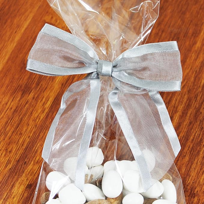 Silver Pre-Tied Organza Bows with Twist Ties. Pack of 12 Satin-Edged Fabric Bows Made of 1-1/2" Ribbon. Bow Measures 4" Wide (12, Silver)