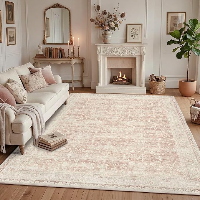 Latte&Fog 8x10 Area Rugs for Living Room Washable Large Pink Rugs Cute | Non Slip Low Pile Soft Floral Carpet for Girls Bedroom Dining Kitchen Kids Playroom Nursery Classroom Dorm Farmhouse Office