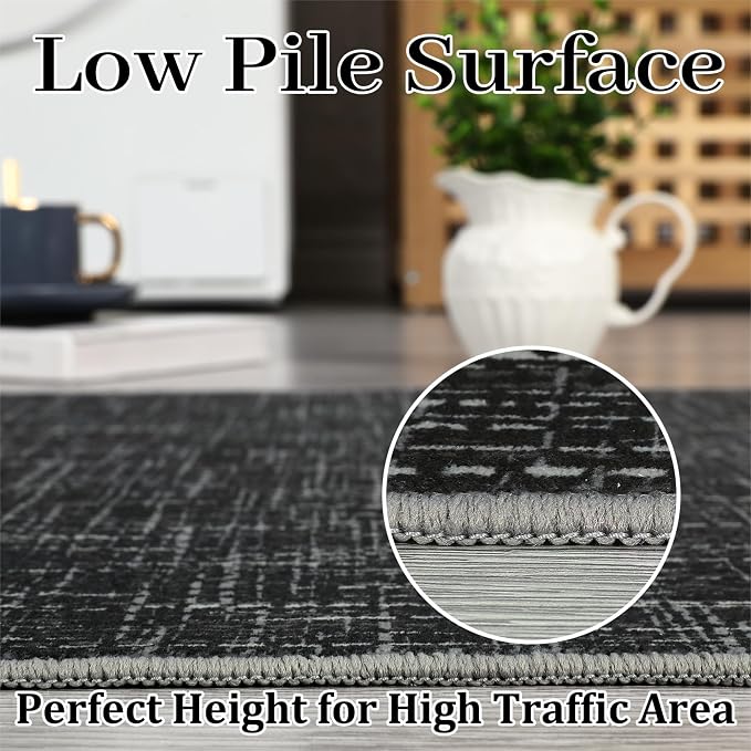 Garvee Textured Solid Color Washable Rugs 2x6 Kitchen Runner Rug, Black | Modern Non Slip Backing Non Shedding Low Pile Stain Resistant Neutral Rug for Entryway Bedroom Bathroom Hallway