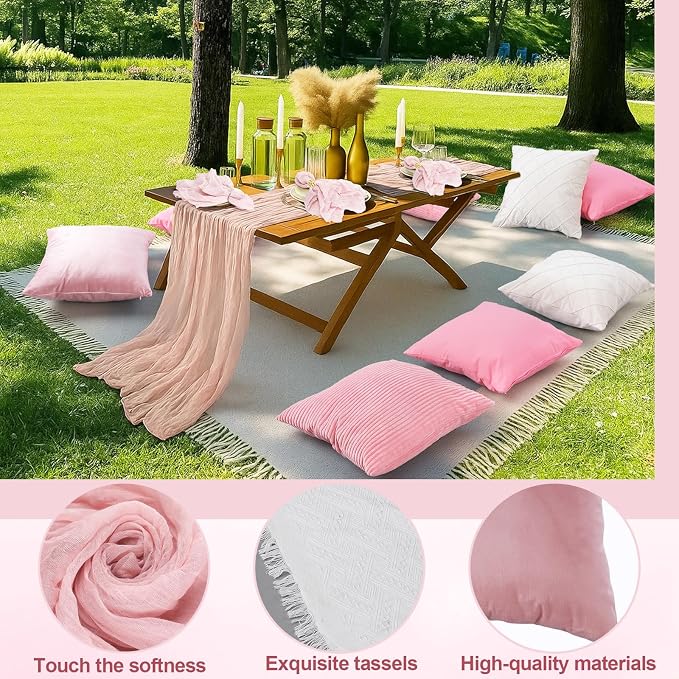 118 x 71" Extra Large Outdoor White Picnic Blankets with Pink Tulle Table Runner Cheesecloth Napkins Plush Throw Pillow Covers Oversize Beach Blanket Essentials for Wedding Picnic Camp(Classic,18)