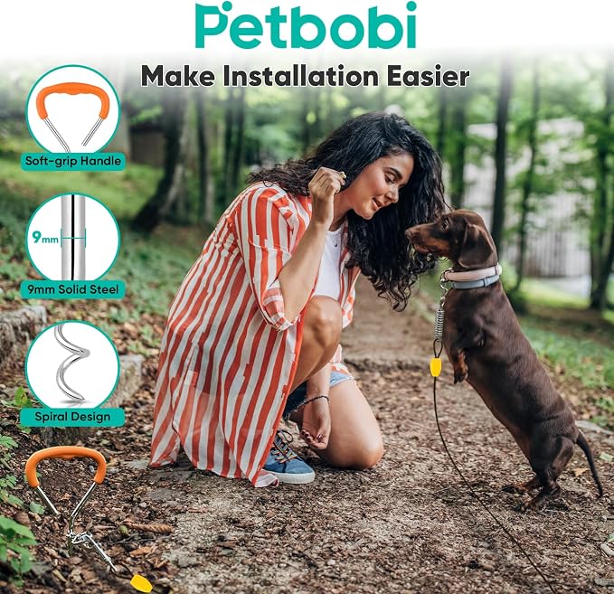 Petbobi Dog Tie-Out Cable and Stake - 20ft Heavy Duty Cable with Spring, No Tangle, 16in Ground Stake, Ideal for Outdoor Yard, Camping, Suitable for Small Medium Large Dogs Up to 120 lbs, Black