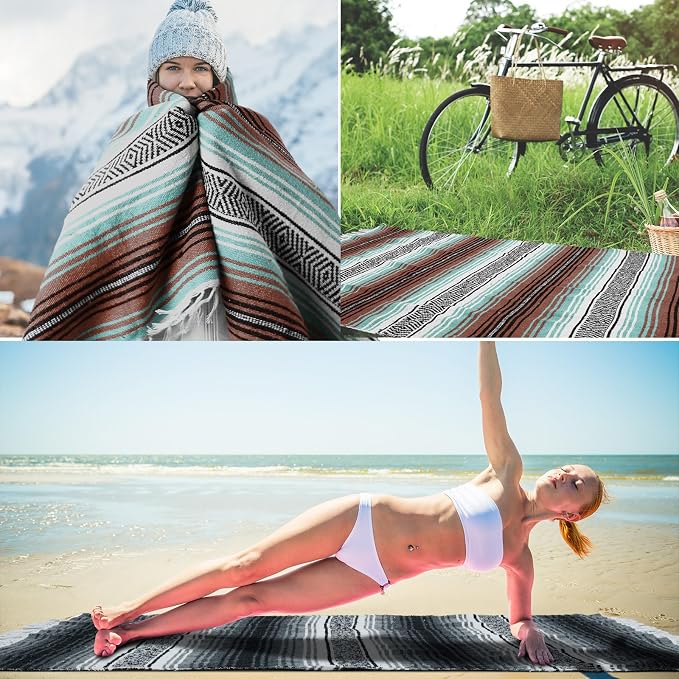 Preboun 4 Pcs Large Mexican Yoga Blanket Pack 45 x 70 Inch Thick Woven Camping Picnic Beach Car Travel Throw Blanket Outdoor Patio Mat Towel