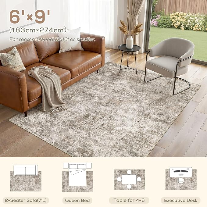 Nakagishi 6X9 Abstract Washable Area Rugs for Living Room-Brown | Modern Non-Slip Silicone Backing Low Pile Soft Carpet for Bedroom Dining Decor Ideal for Families with Kids and Pets