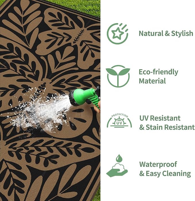 GENIMO Outdoor Rug 6' x 9' Waterproof for Patio Clearance, Reversible Plastic Straw Camping Mat, Lightweight Carpet for Rv, Camper, Deck, Porch, Picnic, Balcony, Beach, Jet Black & Brown