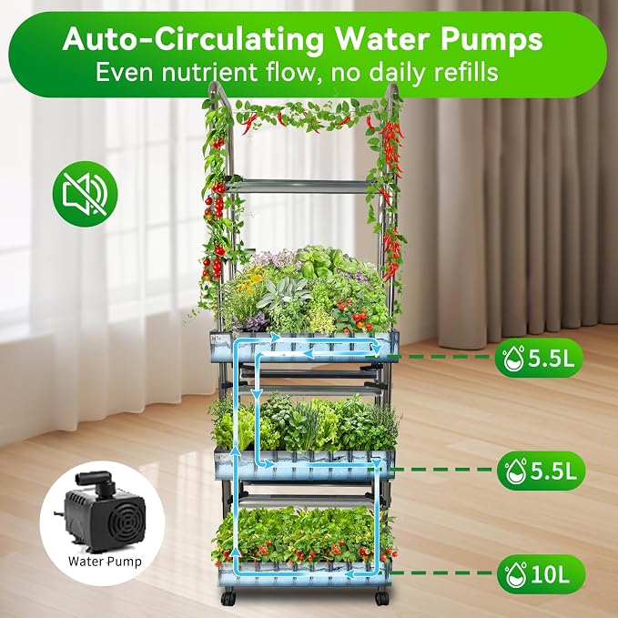 60 Pod Vertical Hydroponic System, Indoor Smart Garden | Full spectrum LED lights, auto water pump, 60 pod vertical tower, herbs, veggies, climbing plants, sponges, 21L tank