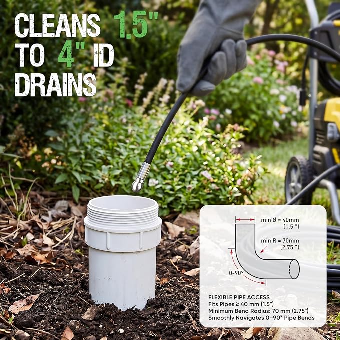 50FT Sewer Jetter Kit for Pressure Washer, 5800 PSI/400 Bar Drain Cleaning Hose, Slim Flexible Hose with Penetration Jet Nozzle for Narrow Pipes, Bends and Clogged Drains