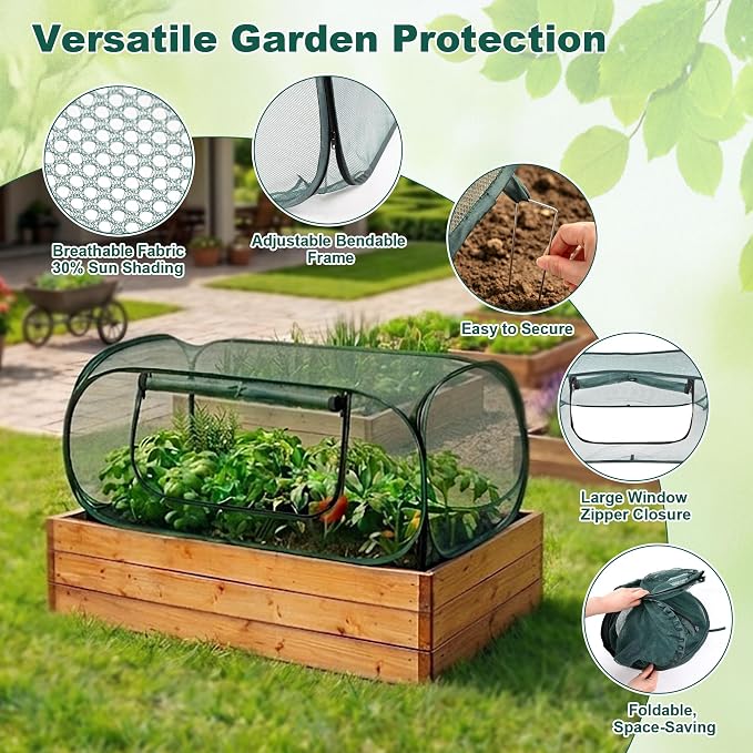 2Pack Garden Covers for Raised Beds, Pop-Up Mesh Plant Protect Covers, 30% Sunblock Plant Shade Tent, Crop Cage for Vegetable Seedling Against Birds, Animals, with 16 Stakes, L*W*H-45"X22"X17.7"