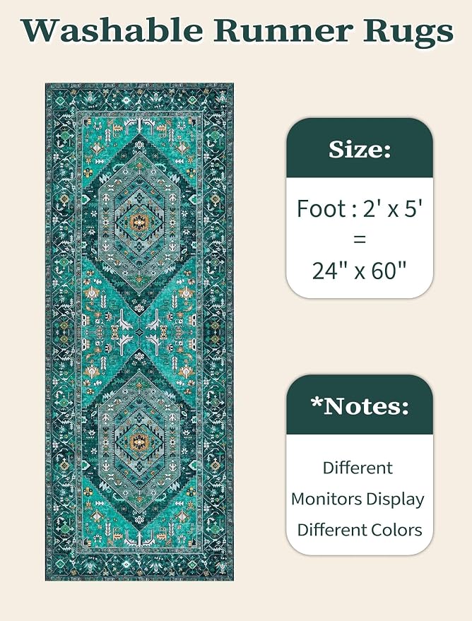 SERISSA 2x5 Washable Non Slip Boho Runner Rug for Hallway，Teal | Ultra Soft Vintage Oriental Carpet Low-Pile Distressed Tribal Floor Carpet for Kitchen Bedroom Bathroom Laundry Living Room