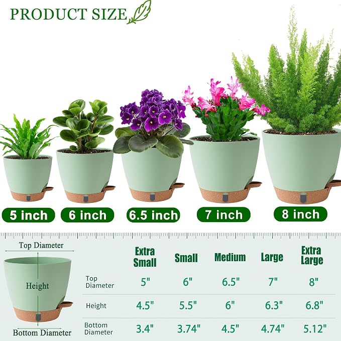 Self Watering Pots for Inoor Ourdoor Plants 8/7/6.5/6/5 Inch Plastic Planters with Drainage Holes & Water Level Indicator, Decorative House Flower Nursery Planting Pots with Saucers (Green)