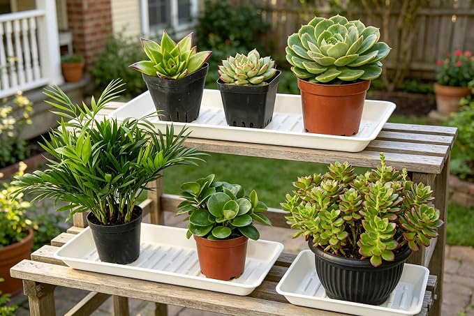 4 Pack Rectangular Plant Saucer 16 Inch, Heavy Duty Plastic Drip Trays for Pots, Windowsill Planter, Indoor Outdoor, 7.0 x 16.1 Inches, White