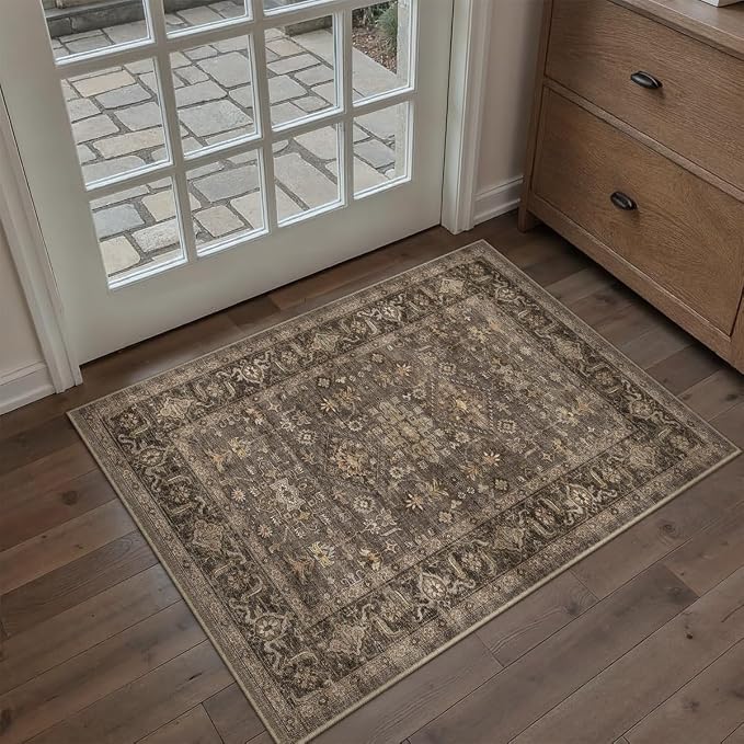 2x3 Dark Brown Vintage Area Rug | Washable, Non Slip, Soft Low Pile, Traditional Farmhouse, for Entryway Kitchen Bathroom Bedroom Indoor