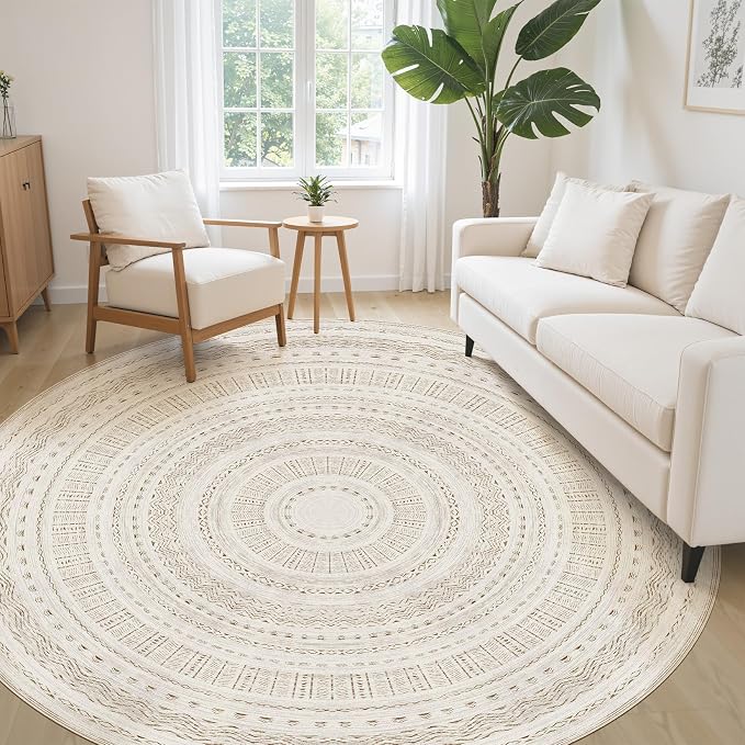 cotiled 8x8 Round Rug 8ft Circle Living Room Boho Area Rugs | Solve Modern Neutral Trendy Home Decor - Washable Foldable Indoor Carpet for Bedroom Home Office Brown Cream