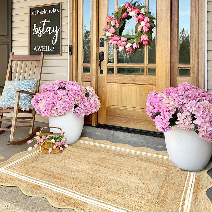 3x5 Entryway Rug - Small Washable Front Door Mat Outside Entrance | Non-Slip Indoor Outdoor Mats for Front Door Jute-Look Neutral Porch Rug Scalloped Rugs for Entryway Kitchen Mudroom Decor