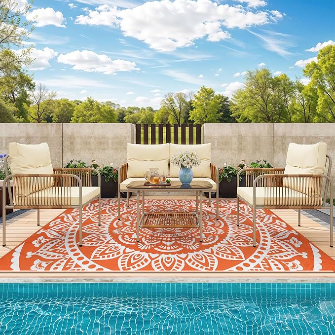 Bsmathom Waterproof Outdoor Rug 9x12ft Orange | Large Reversible, Boho Plastic Straw, Portable RV Mat, For Patio Deck Camping Beach Pool