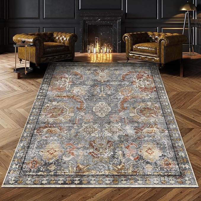 Washable Area Rugs - Perfect for Living Room, Bedroom, Kids Room, Nursery - Stain & Water Resistant Non-Slip, Pet & Child Friendly, Vintage Tribal Area Rugs (Turmeric and Grey, 3' x 5 ')