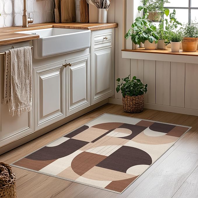 2x3 Brown Geometric Rug for Bathroom Entryway Modern Abstract Area Rug Machine Washable Mat Non-Slip Small Carpet for Bedroom Kitchen Indoor