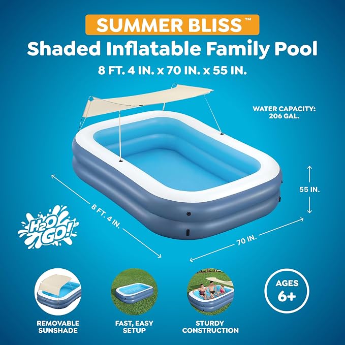 H2OGO! 8 Foot 4 Inch x 70 Inch Summer Bliss Shaded Inflatable Family Pool for Kids Ages 6 Above