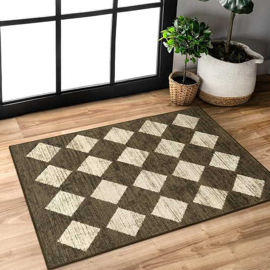 Lahome Zelie Small 2x3 Kitchen Rugs Non Slip, Machine Washable Entryway Rugs, Moroccan Trellis Indoor Soft Non-Slip Non-Shedding Throw Bathroom Carpet for Doorway Bedside Laundry Room, Brown
