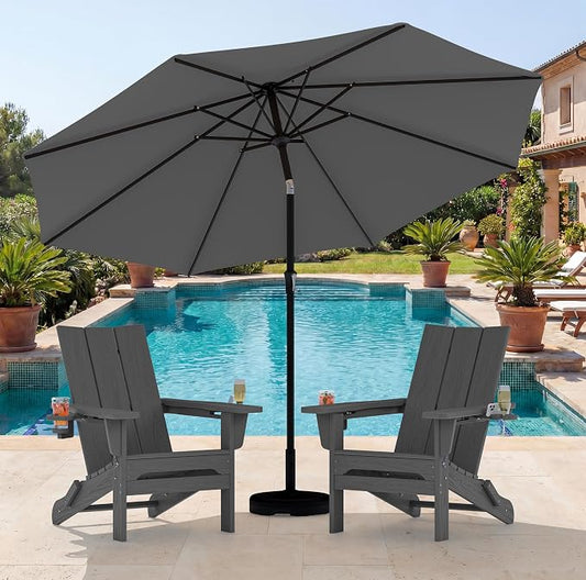 SERWALL Modern Folding Adirondack Chair Set with 9 Ft Umbrella, Folable Adirondack Chairs Set of 2 with Cup Holders, HDPE Fire Pit Chairs for Patio Lawn Garden, Gray (Umbrella Base is not Included)