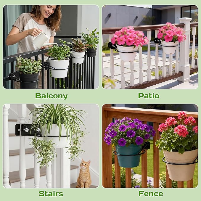 3pc Railing Plant Hanger - Adjustable Railscapes Plant Holder Between Rails, 7 Inches Floating Railing Plant Clip Rustproof Metal Plant Traps for Pots on Railing