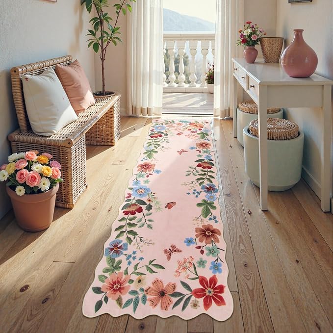 Lahome Floral Kitchen Runner, 2X6 Washable Runner Rug Non-Slip | Ultra-Thin Soft Hallway Rug Stain Resistant Boho Carpet for Bedroom Laundry Bathroom Flore, Light Pink
