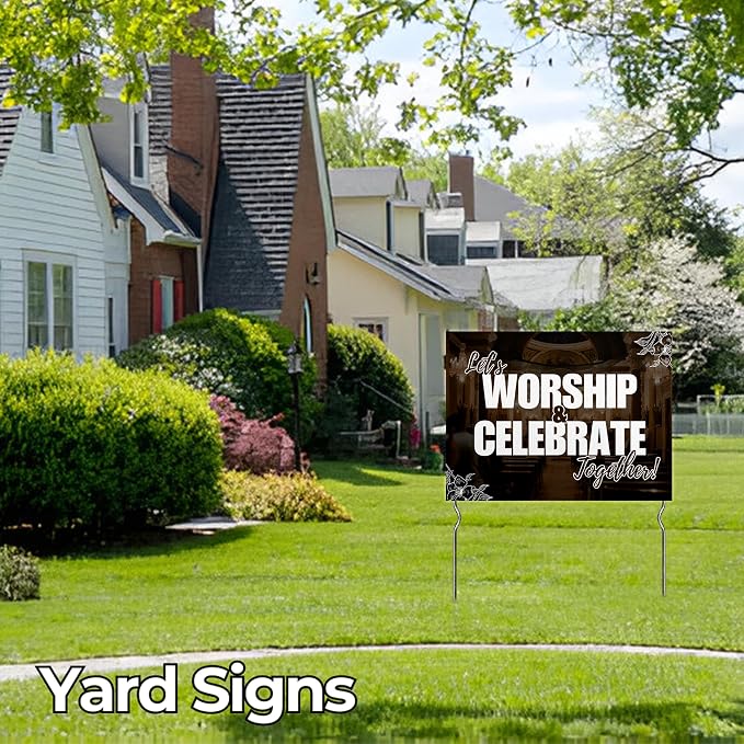 Let’s Worship & Celebrate Together! Yard Sign by DC | 24"x18" Double Sided Church Garden Sign with 13” Metal Stakes | Outdoor Signs Waterproof for Lawn, Patio, Sidewalk & House | Set of 2