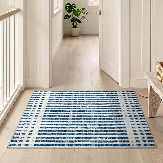 Washable 2x3 Modern Striped Area Rug, Abstract Small Throw Rug for Entryway | Beige Blue, Soft Low Pile, Skin Friendly, Non-Slip for High Traffic, Entrance Vintage Coastal Nautical Style Home Decor