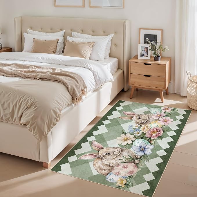 cotiled Area Rug for Living Room, Washable Non-Slip Large Area Rug, Indoor Floor Carpet Low Pile Soft Boho Farmhouse Rug for Bedroom Dining Room Green 3x5