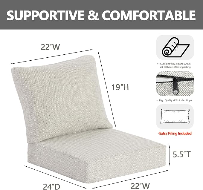Goodgoods 22 x 24 Outdoor Patio Deep Seat Cushions 2-Pack, 1000+ Hours Fade-Resistant & Water-Resistant Outdoor Furniture Chair Cushions with 35D High-Resilience Foam for Sofa Chair, Light Gray