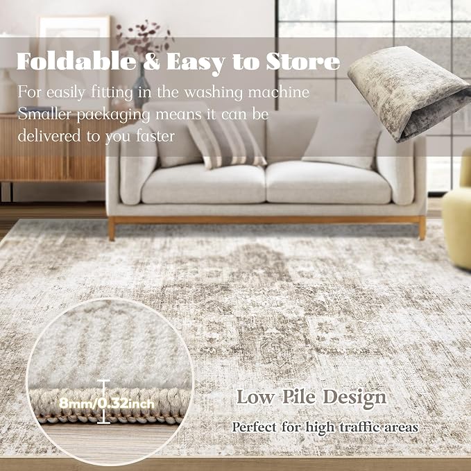 Runner Rug 2x6 Washable Rug, Vintage Boho Medallion Hallway Runner Non-Slip Soft Low Pile Distressed Floor Carpet Retro Doormat for Kitchen Bedroom Laundry Entryway Bathroom (Taupe, 2'x6')