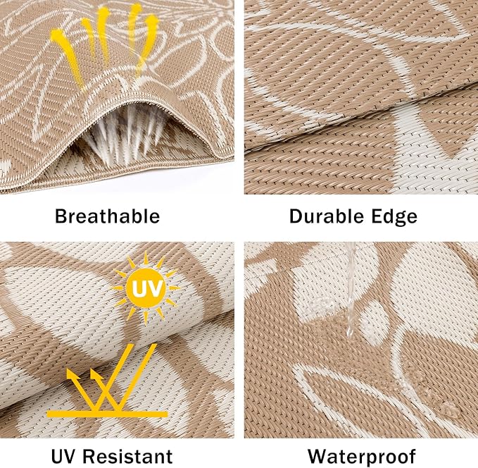 Ileading Waterproof Outdoor Rug 5x8, Reversible Plastic Straw Patio Rug, Portable Indoor Outdoor RV Camping Mat Carpet for Deck, Porch, Balcony, Backyard, Picnic, Floral Brown