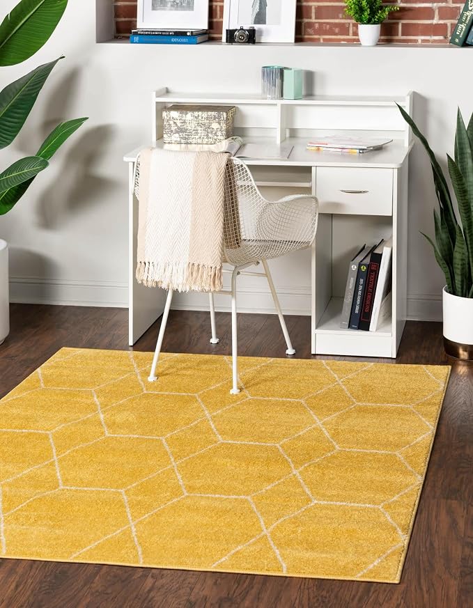 Unique Loom Trellis Frieze Collection Area Rug - Geometric (3' Square, Yellow/ Ivory)