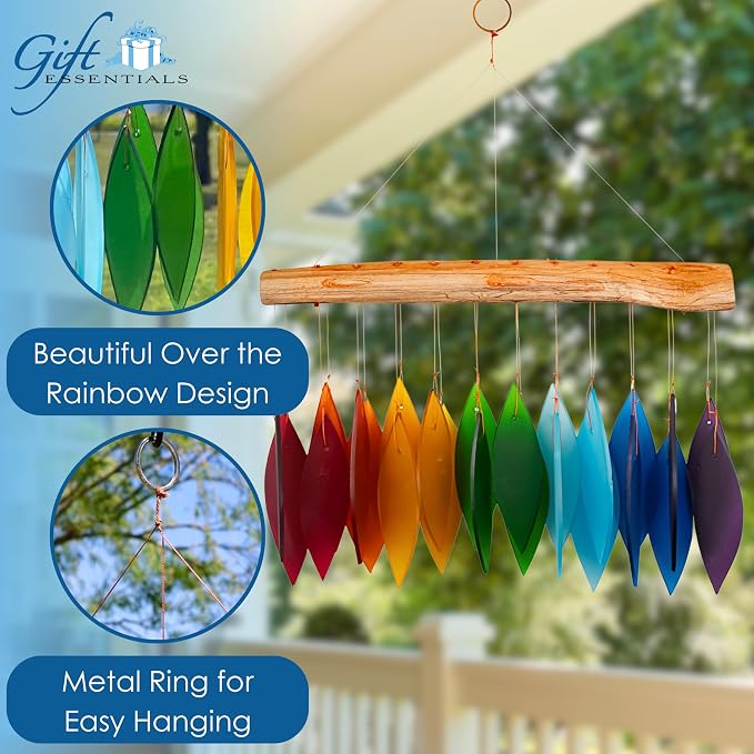 Blue Handworks Rainbow Glass Chime, Sandblasted Glass and Found Wood Handcrafted Wind Chime | Sandblasted Glass and Found Wood Handcrafted Wind Chime