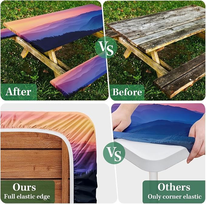 3 Piece Fitted Picnic Table Cover with Bench Covers, 72"x30" Full Elastic Edge Camping Tablecloth, Waterproof Wipeable RV Outdoor Patio Park Camping Essentials With Drawstring Bag (Nature)