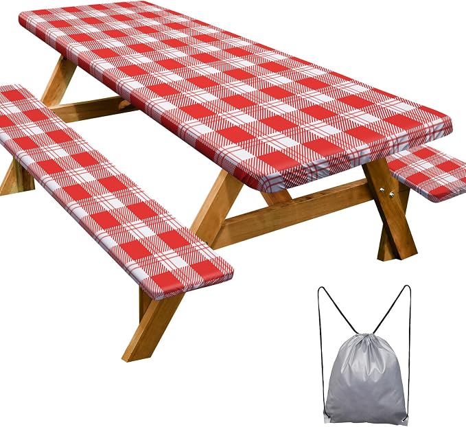 Play Tailor Picnic Table Cover with Bench Covers Camping Essentials Waterproof Windproof Camping Tablecloth with Drawstring Bag, Fitted Rectangle Tables and Seats, 96in, Red Checkered