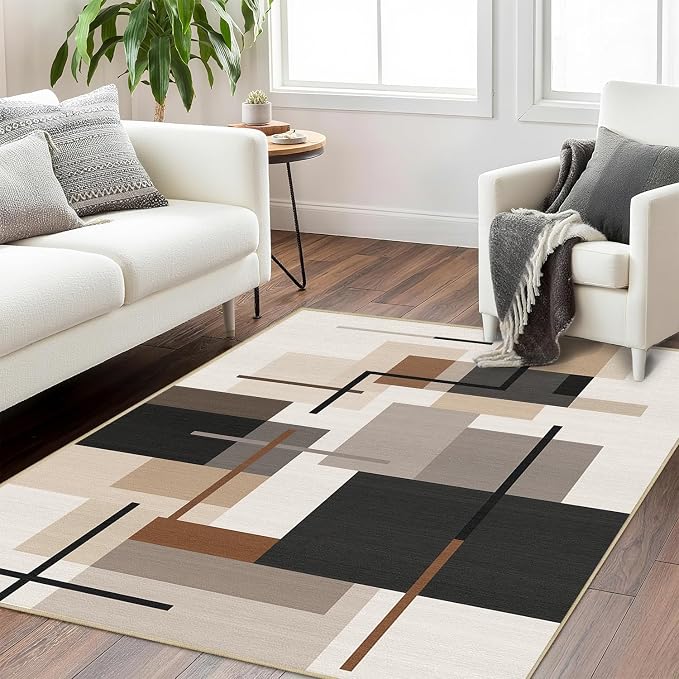 Geometric 3x5 Area Rug for Bedroom Neutral Abstract Mid Century Modern Rug Soft Washable Rugs Non Slip Low Pile Carpet for Nursery Home Office,Beige Brown Black
